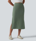 Jupe midi moulante côtelée taille haute aspect lin décontractée