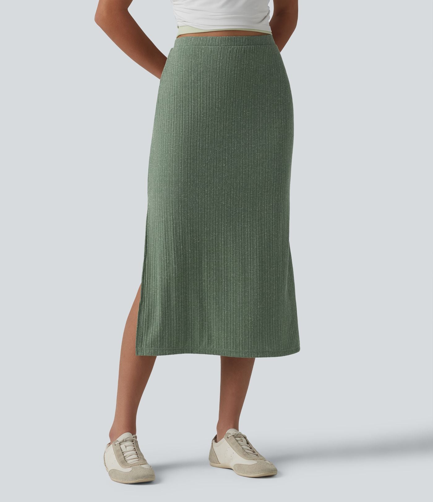 Jupe midi moulante côtelée taille haute aspect lin décontractée