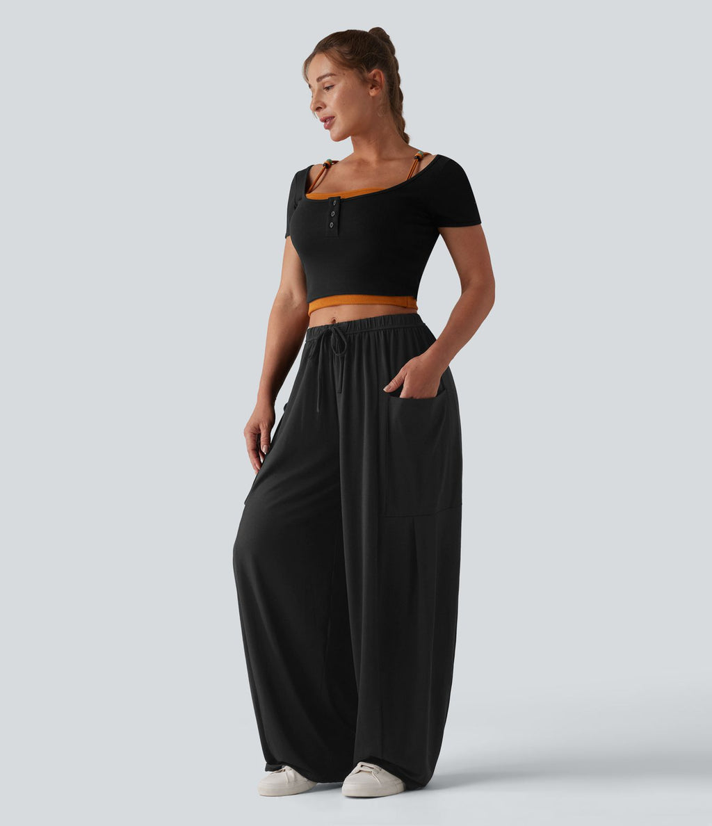 Pantalon large décontracté chiné taille mi-haute avec cordon de serrage avec poches