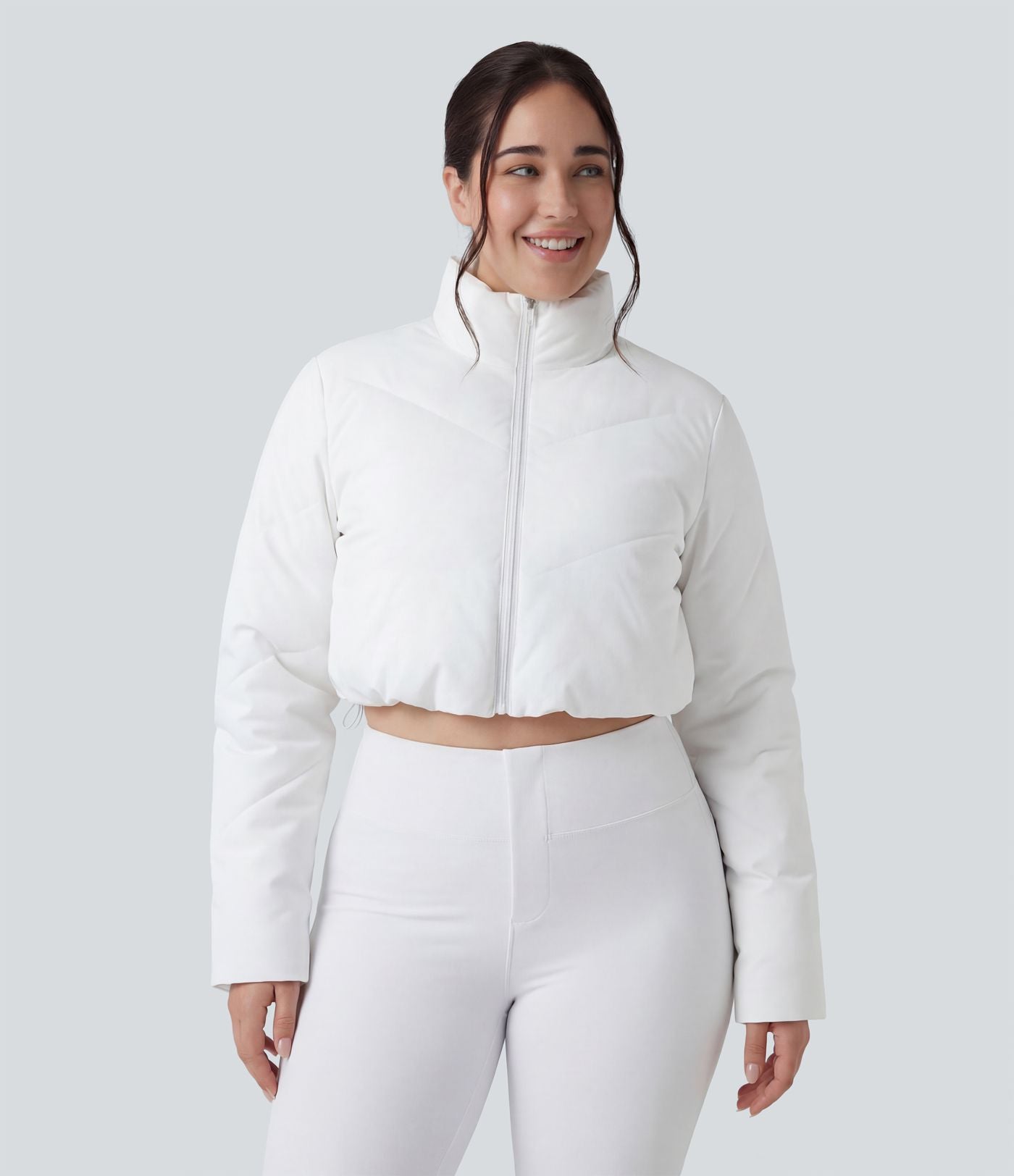 PuffFlex Grande taille Doudoune courte 3-en-1 col montant casual & Veste à ourlet arrondi et trous pour les pouces avec poches