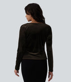 Top velours col drapé manches longues