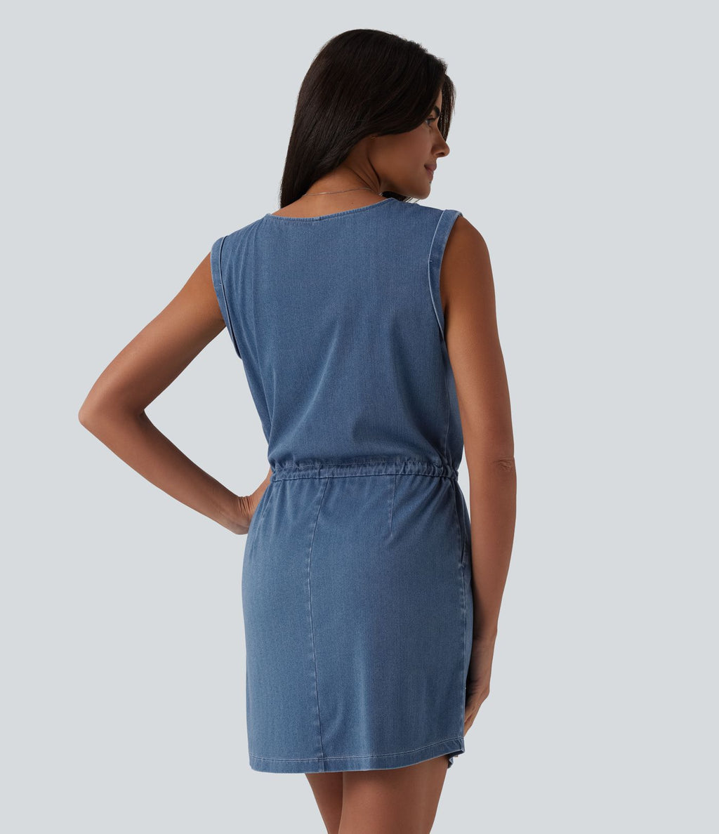 Robe mini Halara Flex™ jean décontracté en lyocell drapé, encolure U, sans manches, à cordon, avec poches