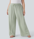 Pantalon décontracté grande taille large fluide taille haute effet lin avec cordon de serrage et poches