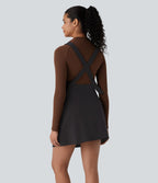 Robe courte rayée col en V bretelles ajustables à boutons