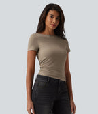T-shirt décontracté col bateau manches courtes froncé