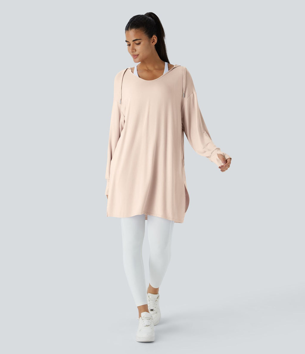 Sweatshirt Casual à Capuche Encolure en V Cordon de Serrage Trou pour le Pouce Fente et Coupe Longue