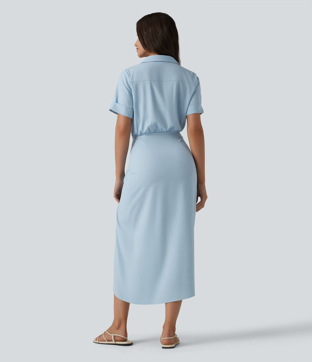 Robe-chemise casual midi en mousseline infroissable manches courtes portefeuille avec nœud frontal et poche