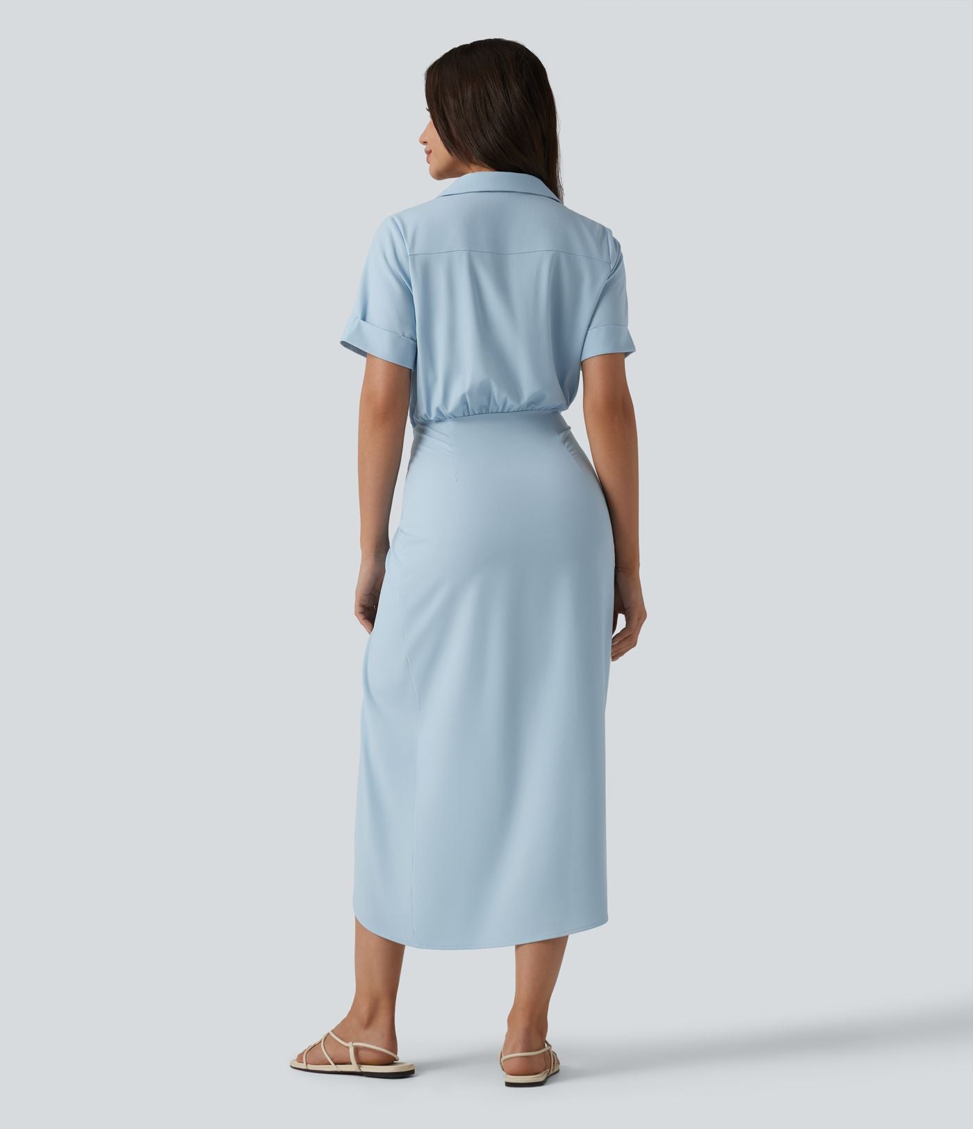 Robe-chemise casual midi en mousseline infroissable manches courtes portefeuille avec nœud frontal et poche