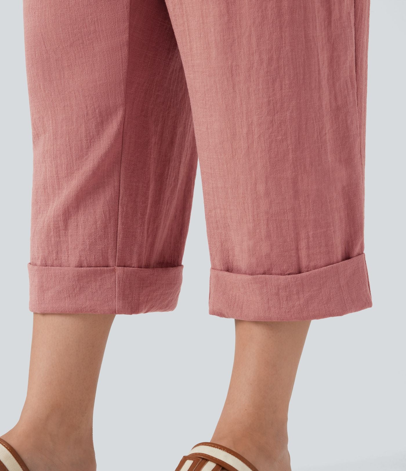 Pantalon de villégiature capri effet lin, grande taille, taille haute, avec poches