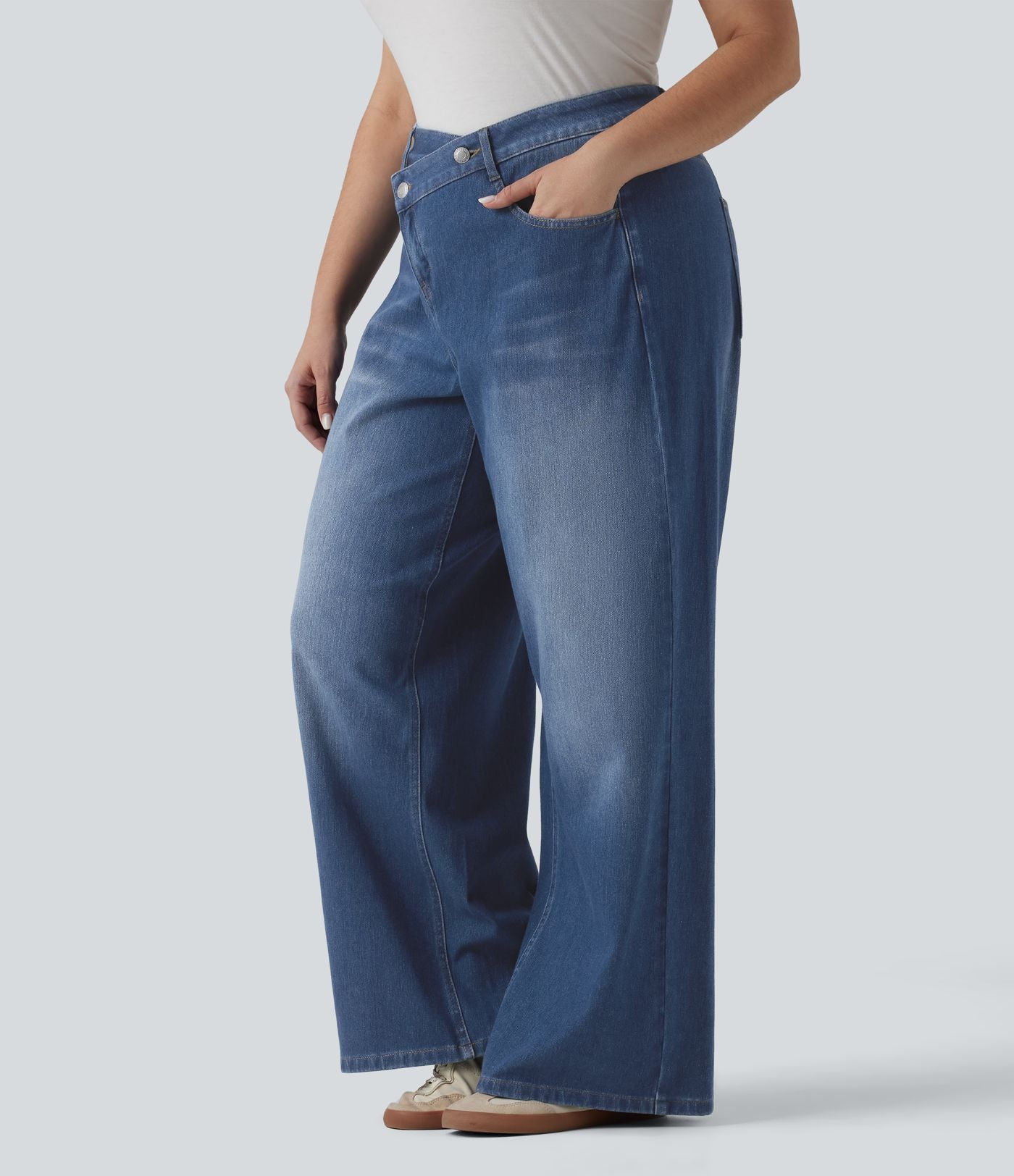 Jean large Halara Flex™ ample casual délavé taille haute asymétrique grande taille avec poches