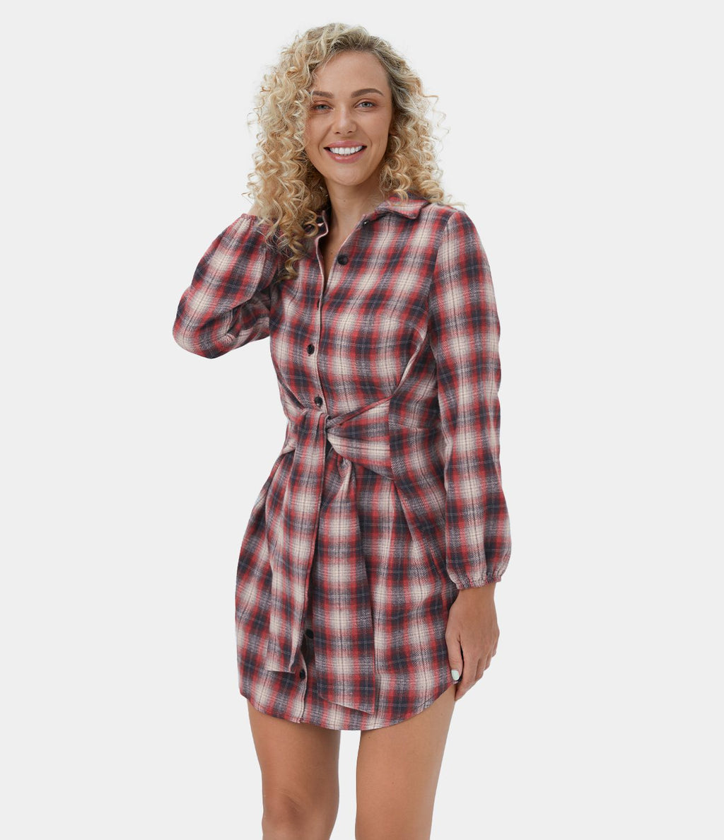 Robe Casual de Mini à Carreaux avec Col Boutons et Nœud à l'Avant