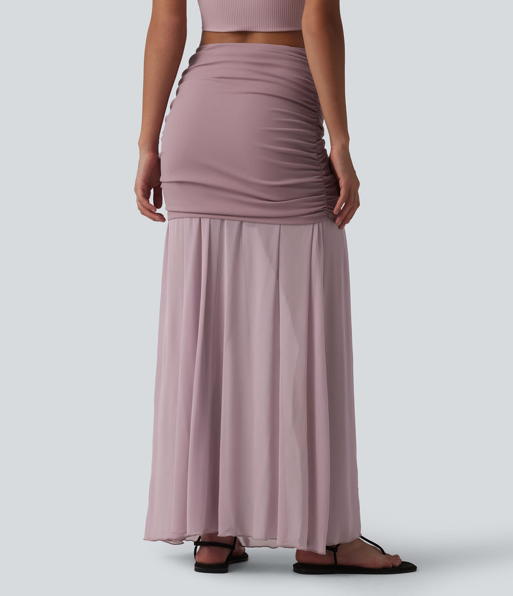 Jupe longue décontractée 2-en-1 taille haute froncée en tulle fluide