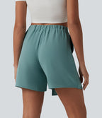 Jupe-short casual taille haute aspect lin avec lien noué sur le côté
