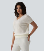 Pull casual col V manches courtes mélange laine