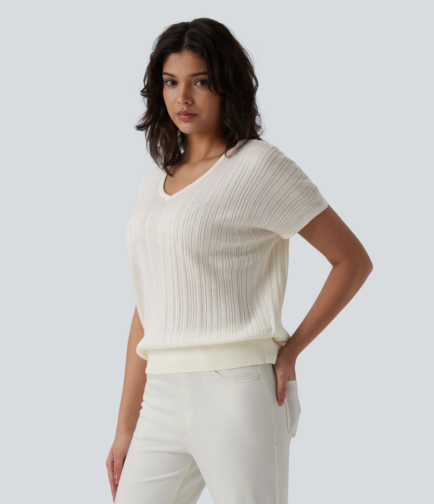Pull casual col V manches courtes mélange laine