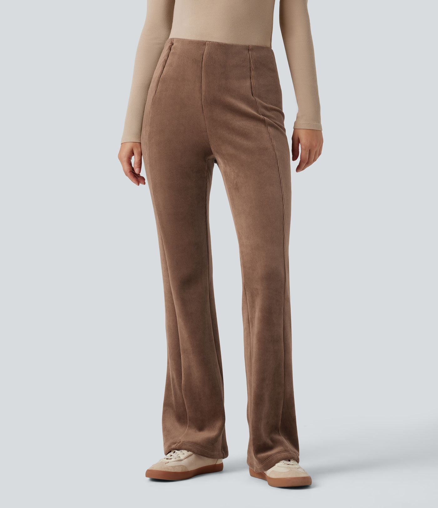 Pantalon évasé polaire côtelé gainant taille haute