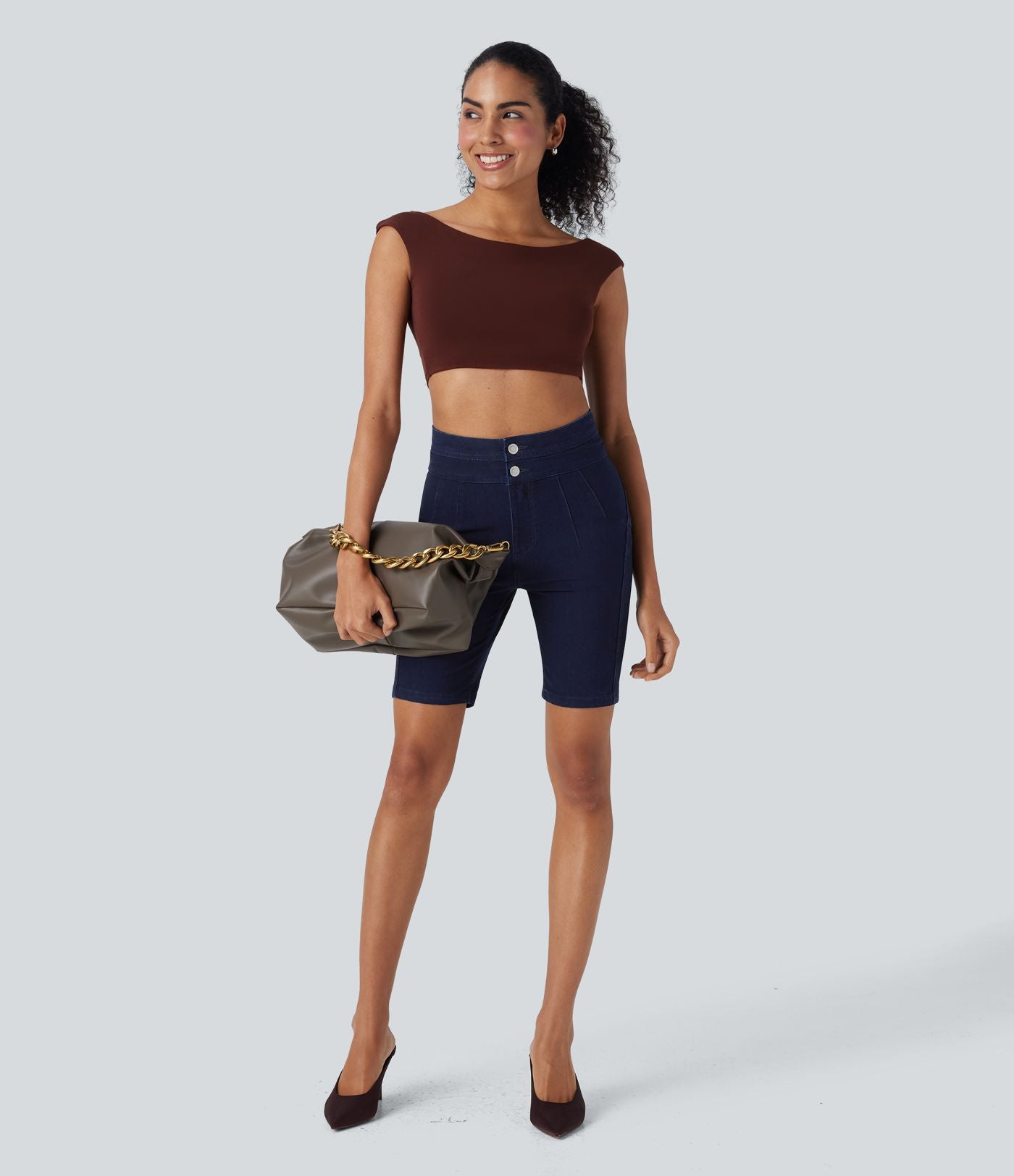 Short cycliste casual denim Halara Flex™ tricot extensible taille haute effet push-up avec poches