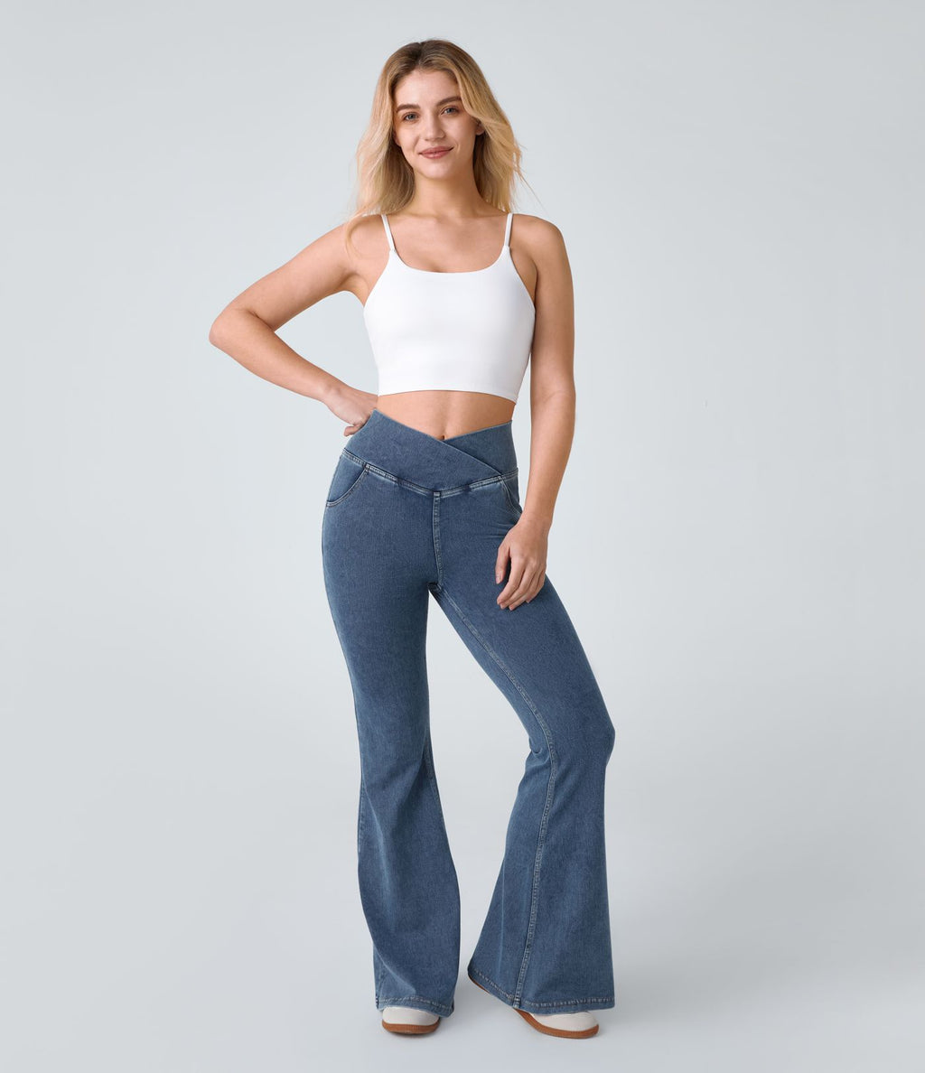 Jean super évasé Halara Flex™ décontracté maille denim extensible délavée effet frais InstantCool taille haute poches croisées