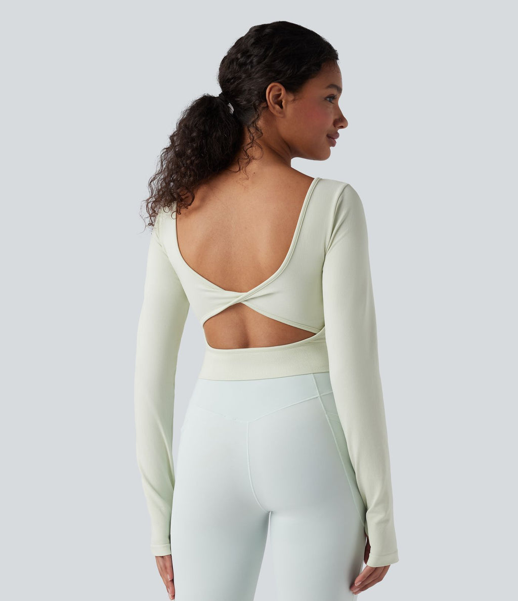 Haut de sport de yoga court Seamless Flow dos nu torsadé encolure dégagée manches longues avec passants pouces