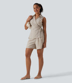 Chemise décontractée aspect lin sans manches col cache-cœur avec lien latéral