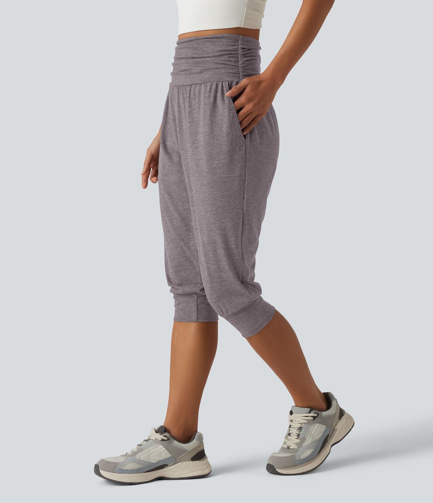 Jogging yoga corsaire chiné taille haute à fronces avec poches