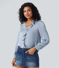 Chemise décontractée en satin col V manches longues à finitions volants