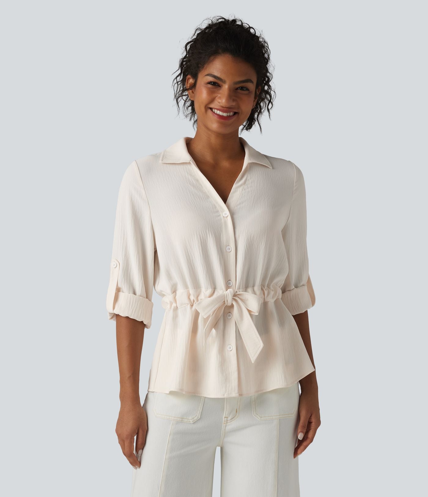 Chemise effet lin esprit bureau à revers, manches retroussées et lien à nouer
