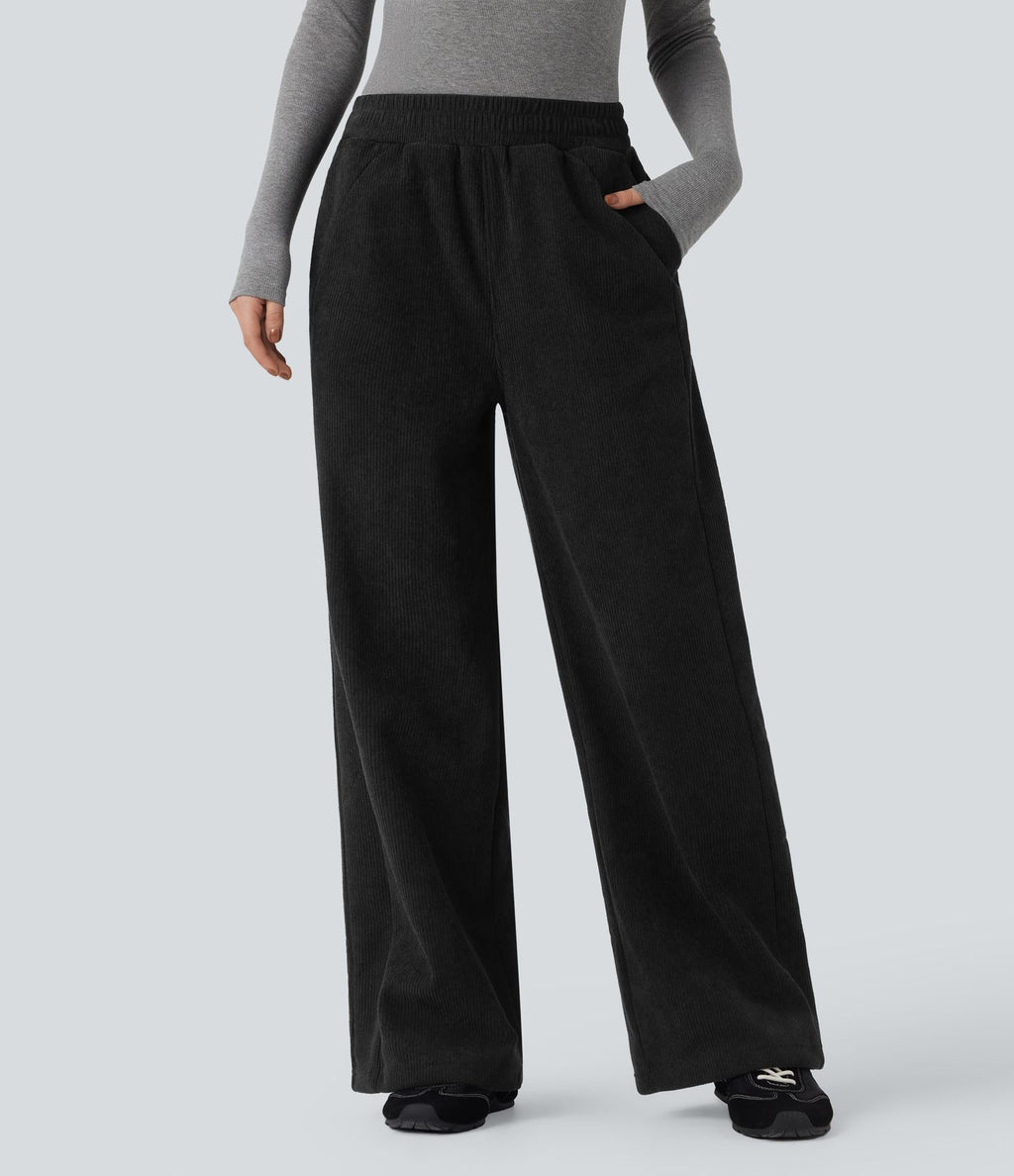 Pantalon droit en velours côtelé molletonné taille haute avec poches