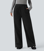 Pantalon droit en velours côtelé molletonné taille haute avec poches