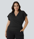 Blouse Travail Unie Froncée Croisée Manches Courtes Col en V Grande Taille