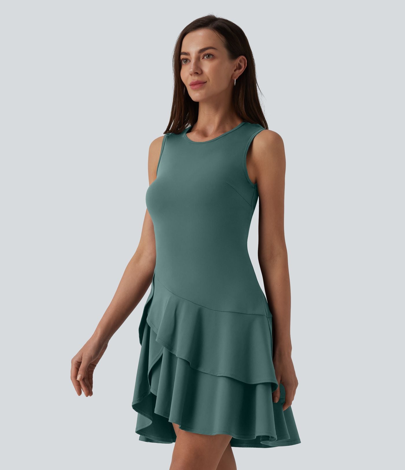 Robe mini décontractée SoftlyZero™ Airy col rond sans manches à volants superposés effet frais InstantCool