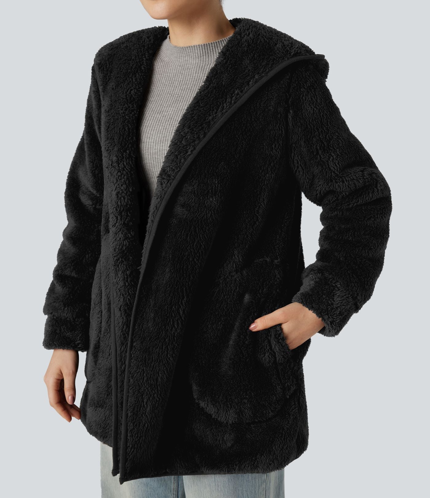 Manteau teddy à capuche manches longues avec poches