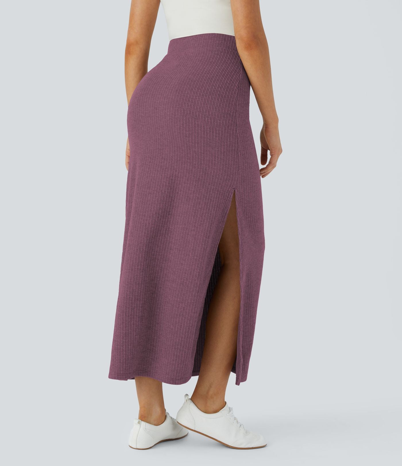 Jupe Casual Maxi à Taille Haute et Ourlet Fendu en A-Line en Côtes
