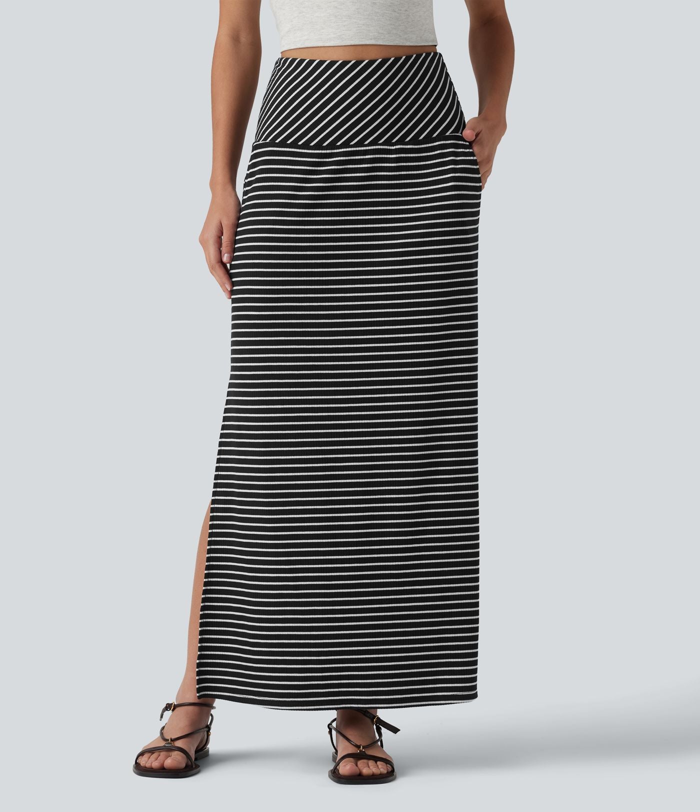 Jupe longue casual gainante taille haute à rayures et fente avec poches