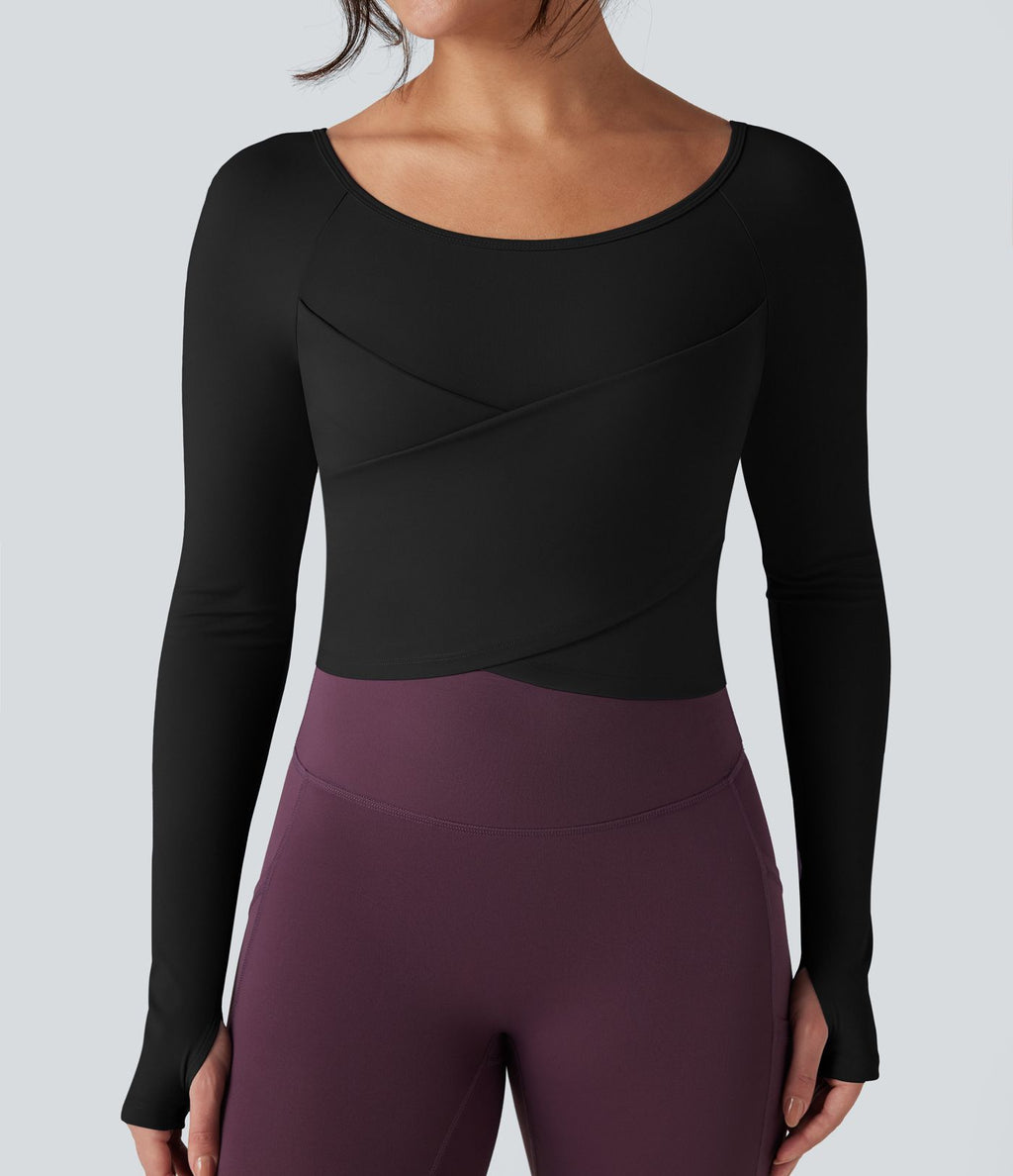 Top de sport yoga SoftlyZero™ Plush col rond ourlet croisé manches longues avec trous pouces