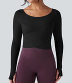 Top de sport yoga SoftlyZero™ Plush col rond ourlet croisé manches longues avec trous pouces