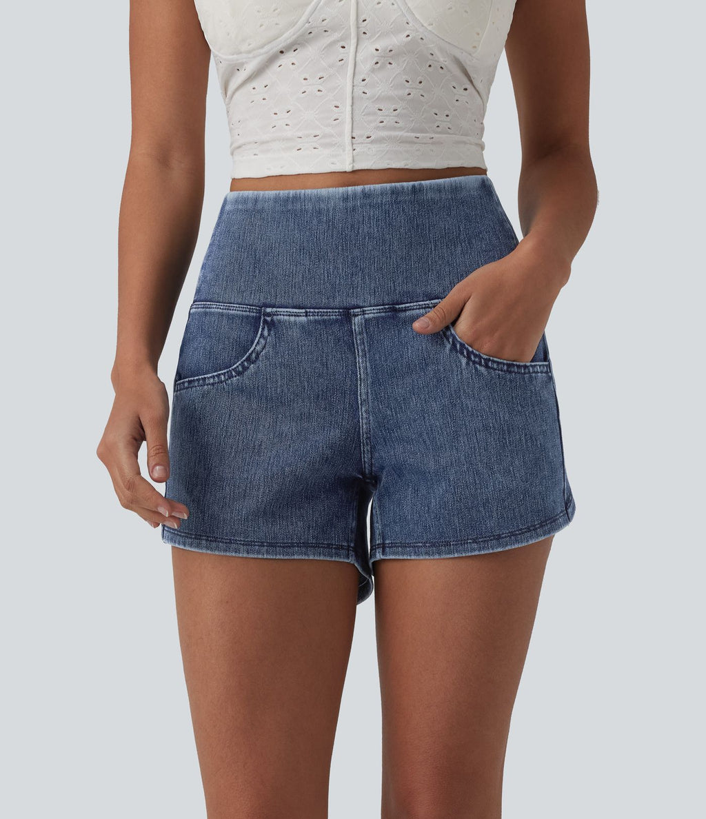 Halara Flex™ Short casual en jean skinny gainant taille haute à ourlet arrondi avec poches