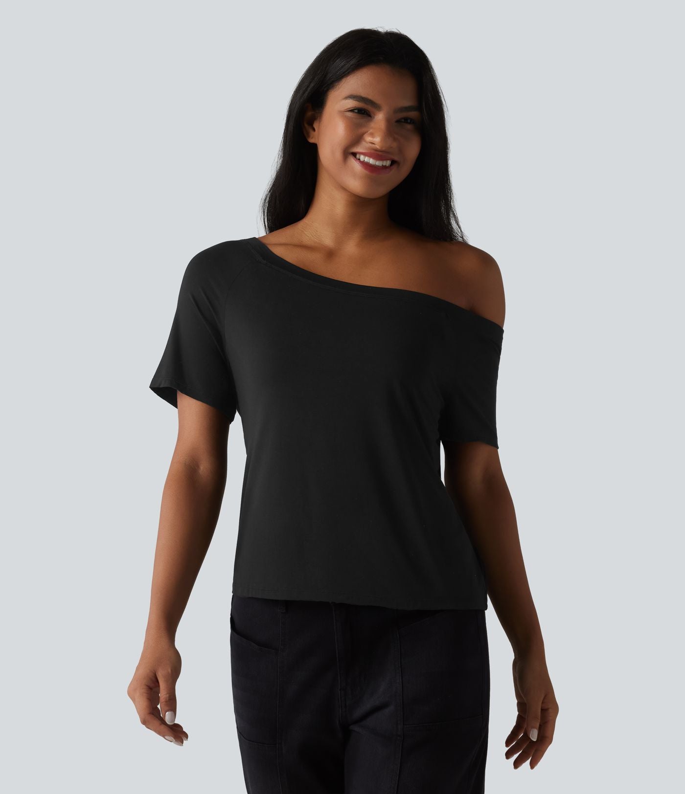 T-shirt décontracté asymétrique manches courtes soutien-gorge intégré nœud devant