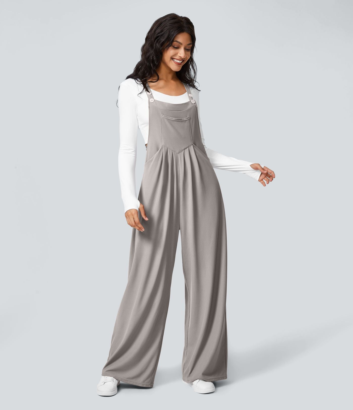 Salopette Décontractée Gaufrée Plissée Poches Multiples Avec Boutons Bretelles Réglables