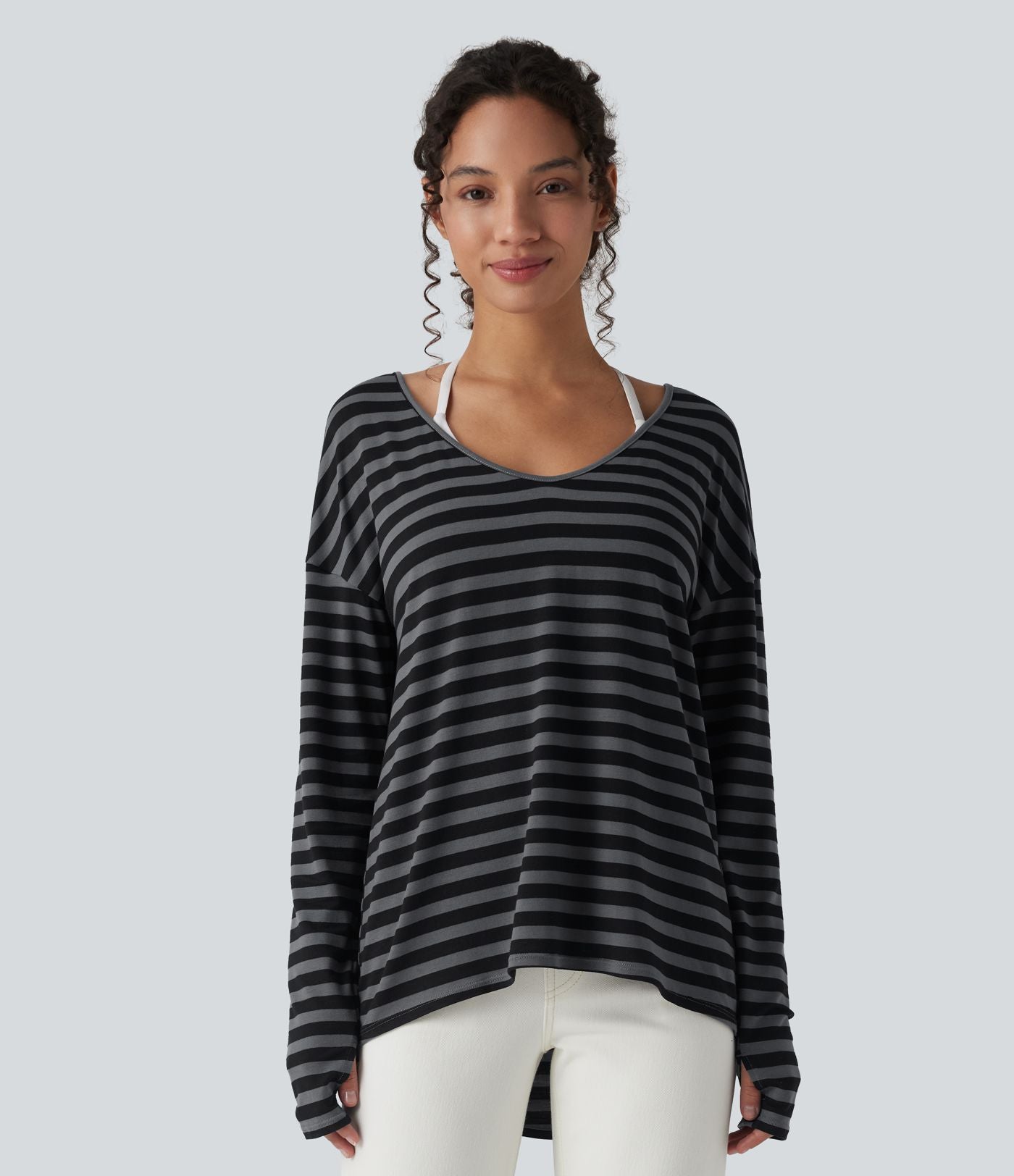 T-shirt ample décolleté plongeant manches longues à rayures et trous pour les pouces - Réversible devant et dos