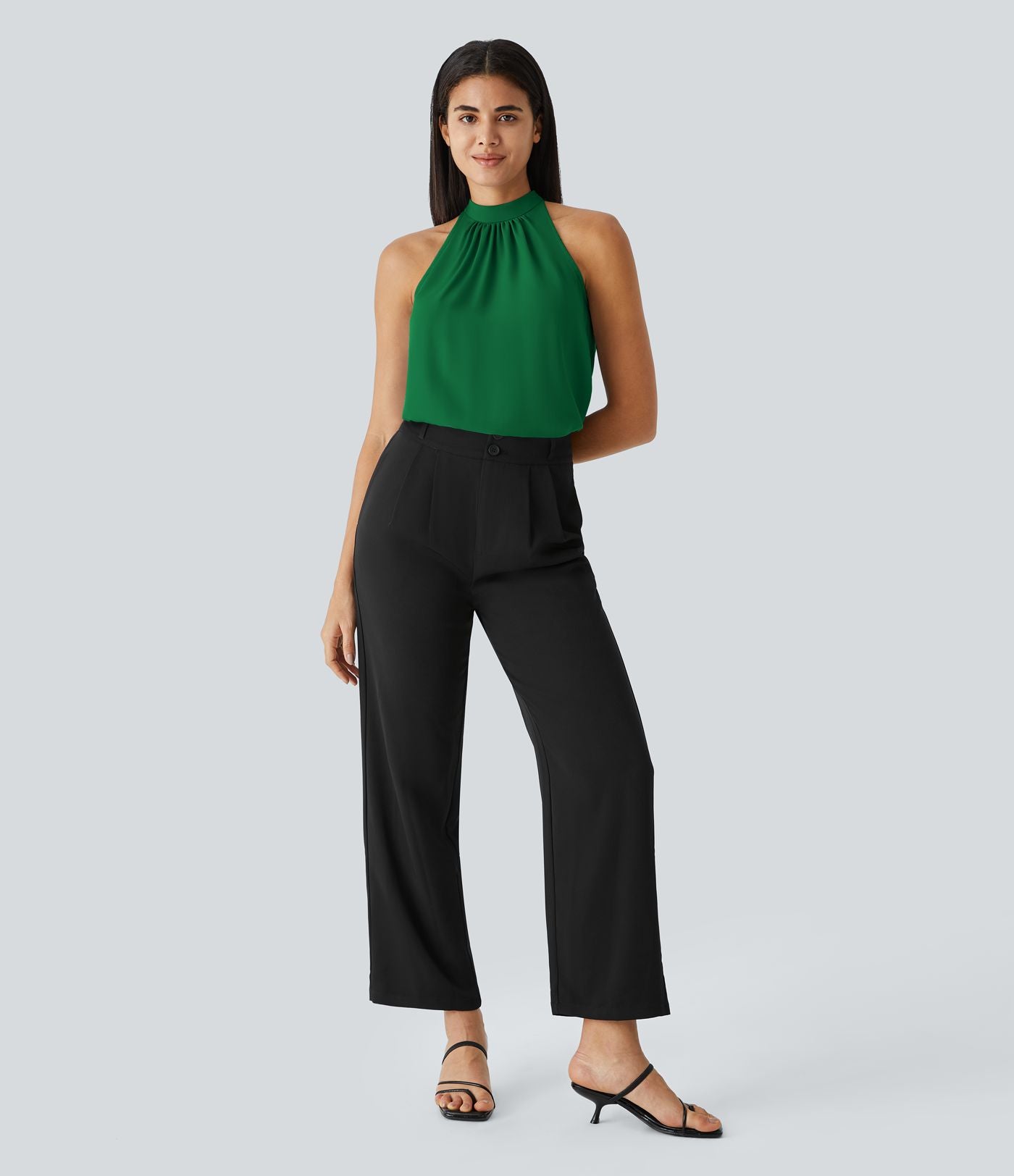 Blouse Travail Sans Manches Ourlet Courbé Col Haut Découpe au Dos Plis