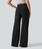 Pantalon large fluide décontracté en lin stretch taille haute gainant avec poches