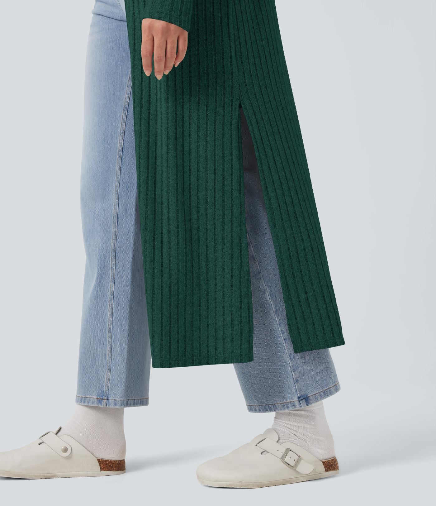 Manteau long décontracté maille côtelée manches longues avec fente