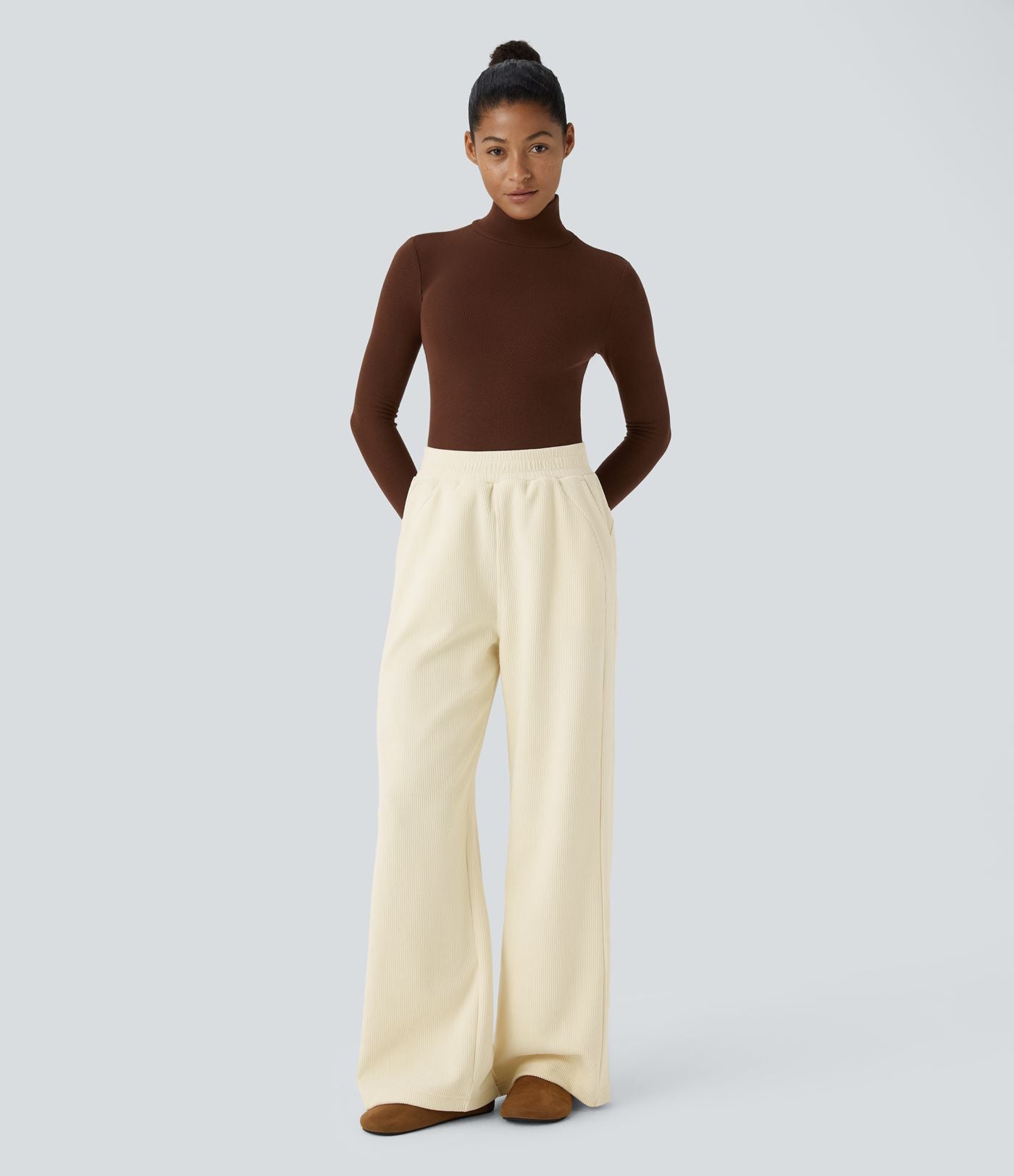 Pantalon velours côtelé de jogging décontracté à taille haute avec poches latérales