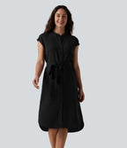 Robe-chemise midi de travail à manches courtes avec ceinture, ourlet arrondi et poches
