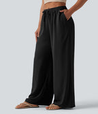Pantalon large décontracté taille mi-haute avec cordon de serrage aspect lin avec poches