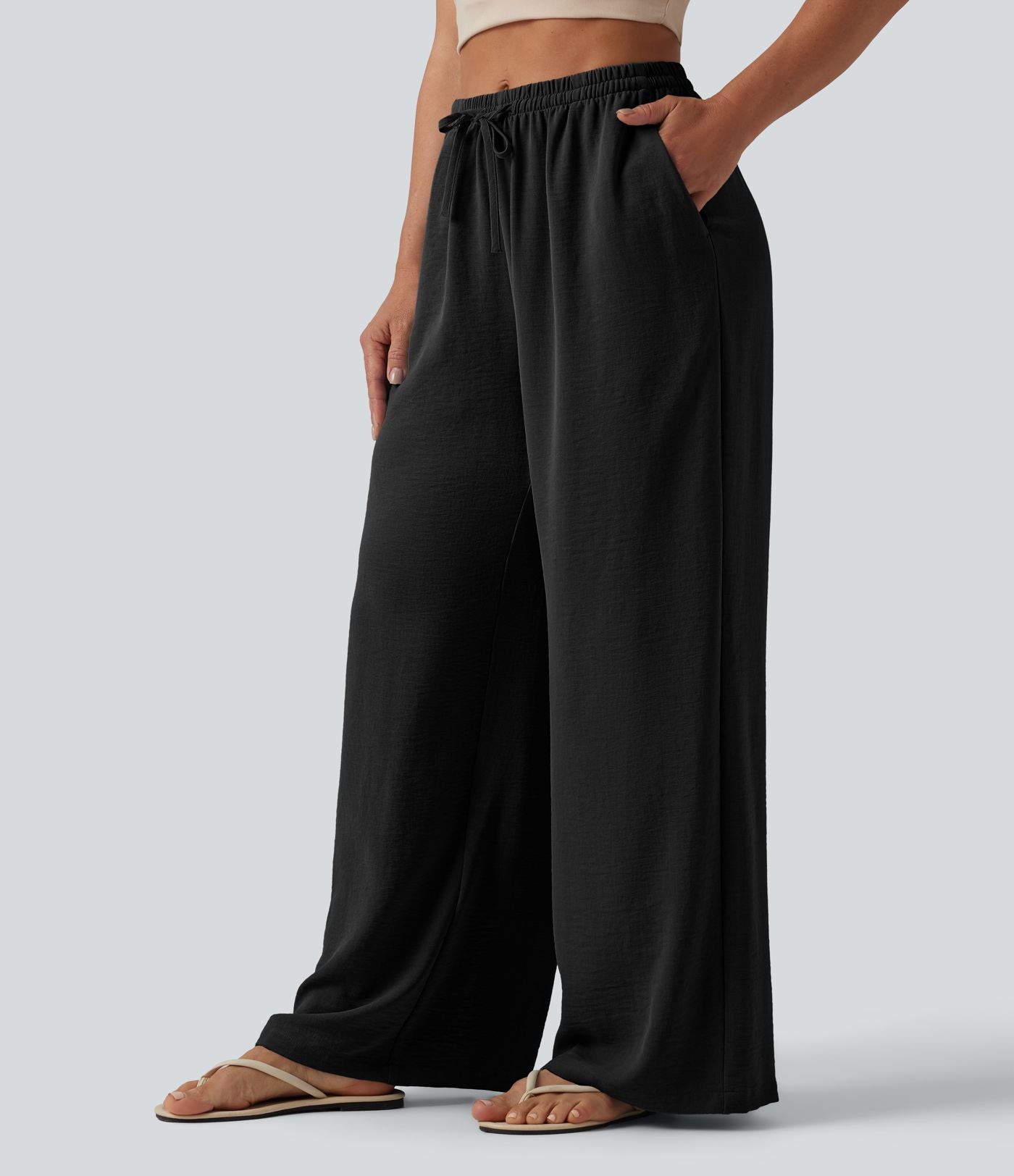 Pantalon large décontracté taille mi-haute avec cordon de serrage aspect lin avec poches