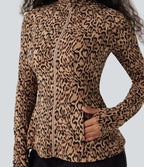 Veste décontractée Halara UltraSculpt™ imprimé léopard col montant manches longues avec trous pour pouces et poches