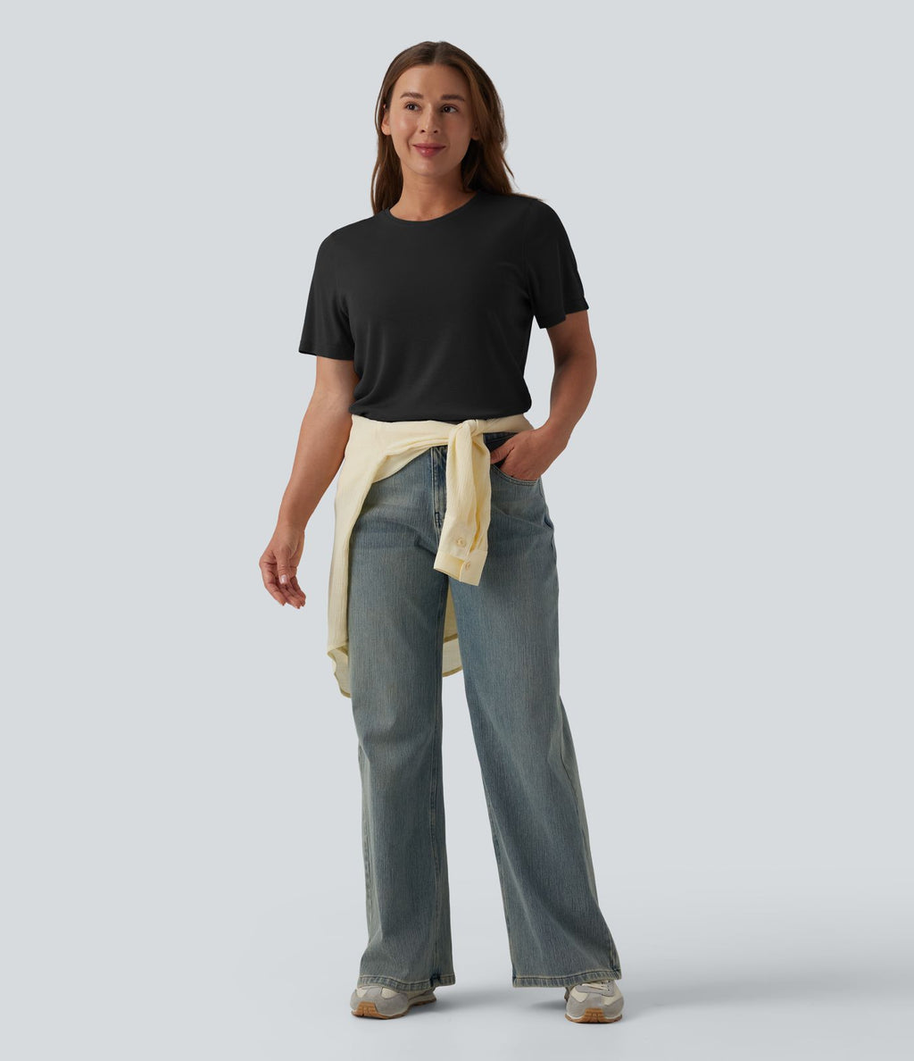 T-shirt décontracté ample à col rond et manches courtes en laine mélangée
