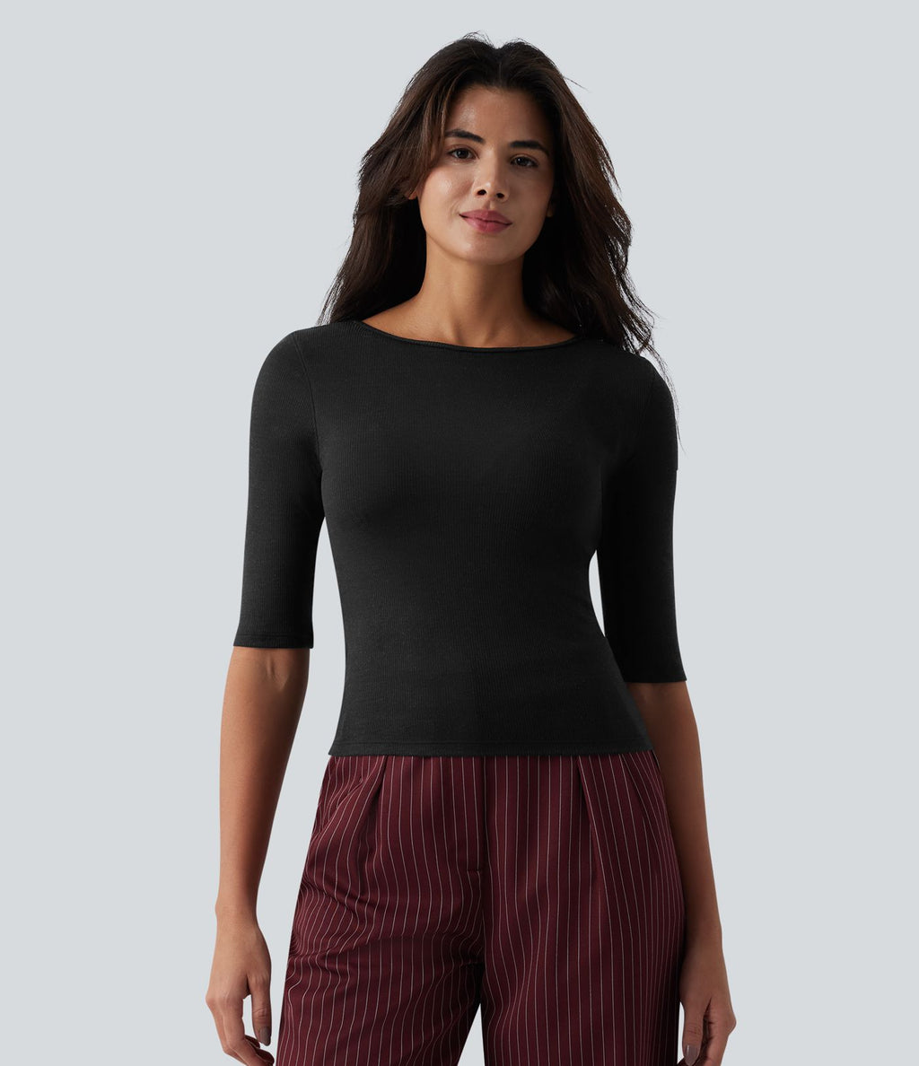 Top tailleur en mélange de laine col rond échancré à manches courtes en maille côtelée